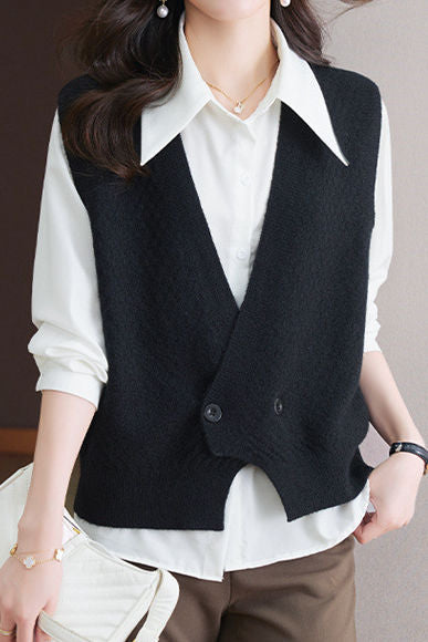 Casual Versatile Solid-Color V-Neck Double-Button Vest