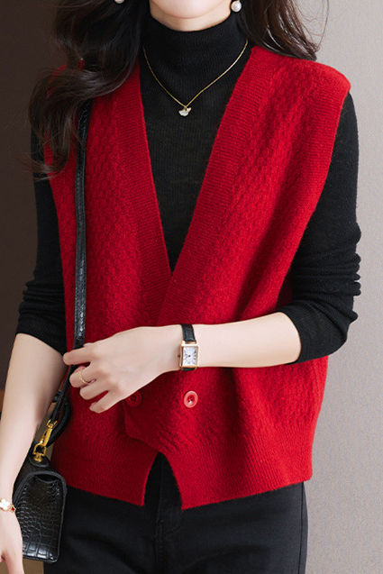 Casual Versatile Solid-Color V-Neck Double-Button Vest