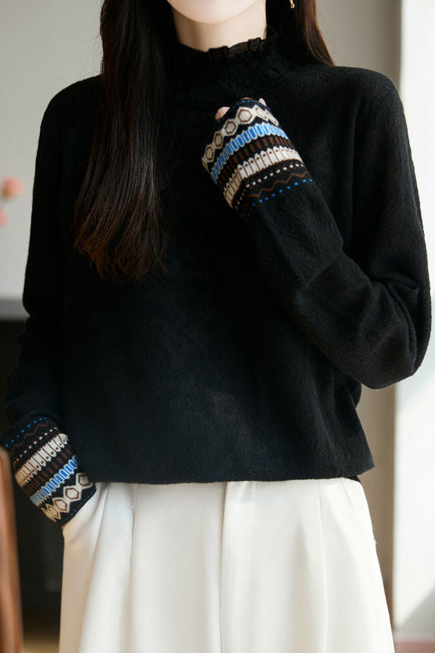 Casual Gentle Lace Patchwork Half-High Neck Jacquard Knitted Top