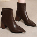 Exquisite Block Heel Pointed-Toe Soft Leather Martin Boots