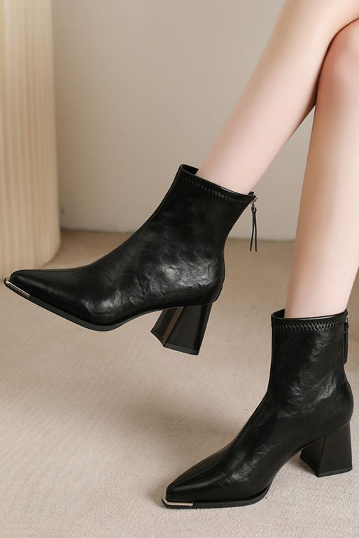 Exquisite Block Heel Pointed-Toe Soft Leather Martin Boots