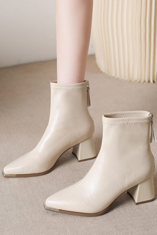 Exquisite Block Heel Pointed-Toe Soft Leather Martin Boots