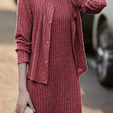 Casual Versatile A-Line Dress And Knitted Cardigan Two-Piece Set