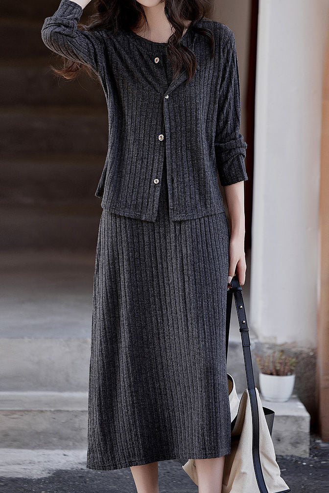 Casual Versatile A-Line Dress And Knitted Cardigan Two-Piece Set