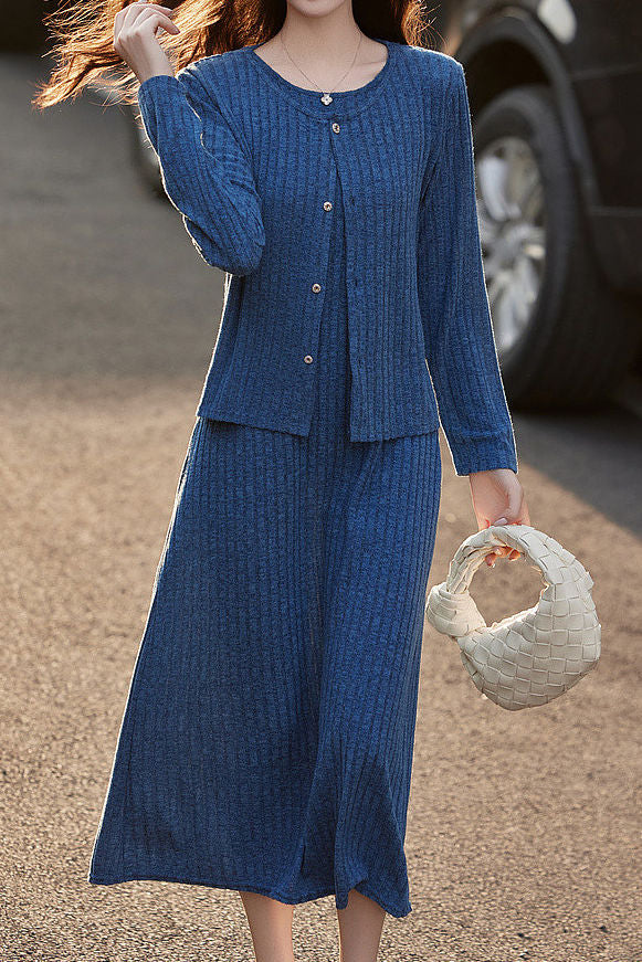 Casual Versatile A-Line Dress And Knitted Cardigan Two-Piece Set