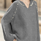 Casual Elegant V-Neck Pearl Pullover Knitted Top