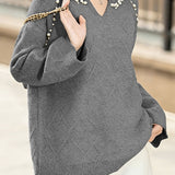 Casual Elegant V-Neck Pearl Pullover Knitted Top