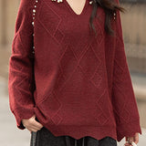 Casual Elegant V-Neck Pearl Pullover Knitted Top