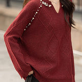 Casual Elegant V-Neck Pearl Pullover Knitted Top