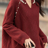 Casual Elegant V-Neck Pearl Pullover Knitted Top