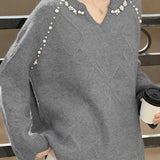 Casual Elegant V-Neck Pearl Pullover Knitted Top