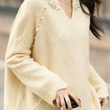 Casual Elegant V-Neck Pearl Pullover Knitted Top