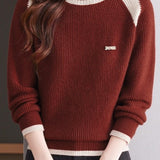 Casual Versatile Color-Block Raglan Sleeve Brooch Sweater