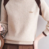 Casual Versatile Color-Block Raglan Sleeve Brooch Sweater