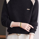 Casual Versatile Color-Block Raglan Sleeve Brooch Sweater