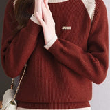 Casual Versatile Color-Block Raglan Sleeve Brooch Sweater