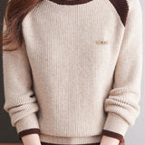 Casual Versatile Color-Block Raglan Sleeve Brooch Sweater