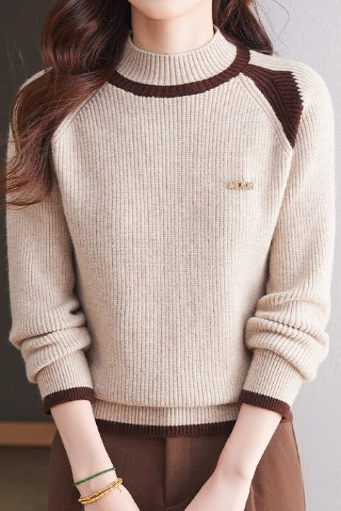 Casual Versatile Color-Block Raglan Sleeve Brooch Sweater
