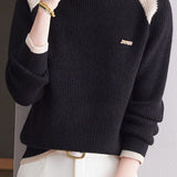 Casual Versatile Color-Block Raglan Sleeve Brooch Sweater