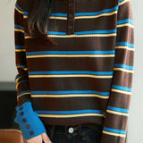 Casual Versatile Color-Block Striped Half-High Neck Knitted Top