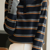 Casual Versatile Color-Block Striped Half-High Neck Knitted Top