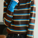 Casual Versatile Color-Block Striped Half-High Neck Knitted Top