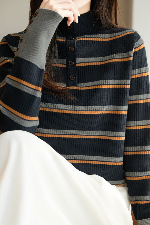 Casual Versatile Color-Block Striped Half-High Neck Knitted Top