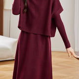 Casual Versatile Solid-Color Knitted Vest And Dress Two-Piece Set