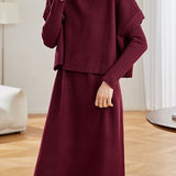 Casual Versatile Solid-Color Knitted Vest And Dress Two-Piece Set