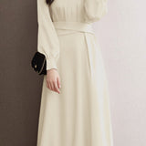 Elegant Temperament Solid-Color Ruched Pearl Satin Dress