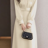 Elegant Temperament Solid-Color Ruched Pearl Satin Dress