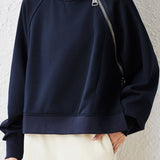 Casual Versatile Solid-Color Asymmetric Diagonal Zipper Sweatshirt
