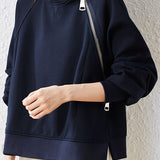Casual Versatile Solid-Color Asymmetric Diagonal Zipper Sweatshirt