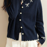 Casual Versatile Color-Block Bow-Knot Cardigan