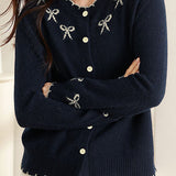 Casual Versatile Color-Block Bow-Knot Cardigan