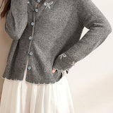Casual Versatile Color-Block Bow-Knot Cardigan