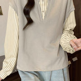 Striped Polo Collar Fake Two-Piece Long-Sleeve Sweatshirt