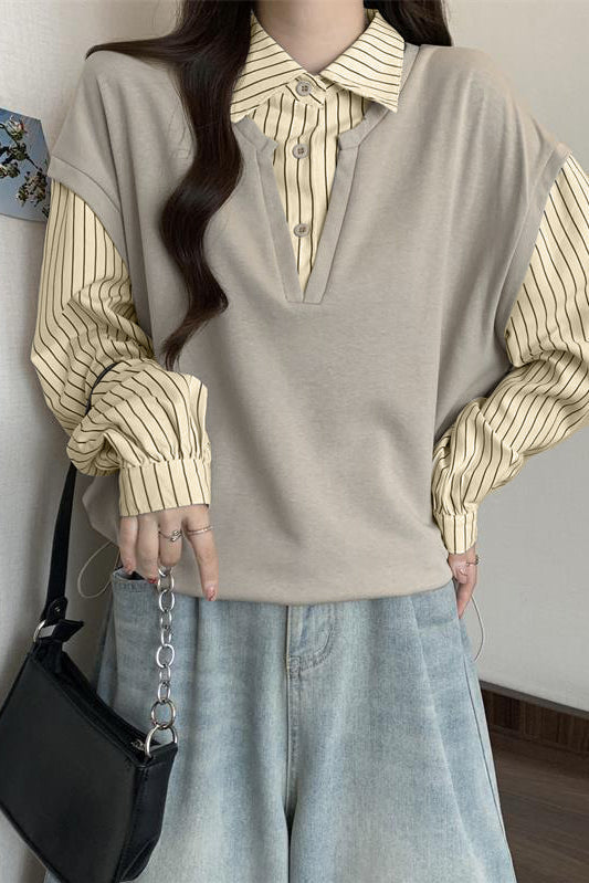 Striped Polo Collar Fake Two-Piece Long-Sleeve Sweatshirt
