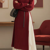 Casual Versatile Color-Block High-Slit Knitted Sweater Cami Dress Two-Piece Set