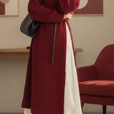 Casual Versatile Color-Block High-Slit Knitted Sweater Cami Dress Two-Piece Set