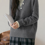 Casual Minimalist Pullover Fake Two-Piece Striped Paneled Sweater