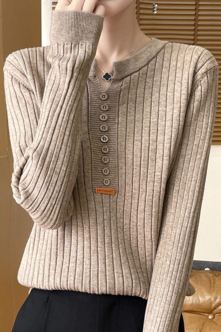 Casual Elegant Ribbed V-Neck Knitted Top