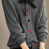 Casual Versatile Color-Block Bow-Knot Tie Cable-Knit Cardigan