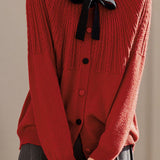 Casual Versatile Color-Block Bow-Knot Tie Cable-Knit Cardigan