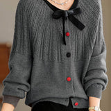 Casual Versatile Color-Block Bow-Knot Tie Cable-Knit Cardigan