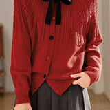 Casual Versatile Color-Block Bow-Knot Tie Cable-Knit Cardigan