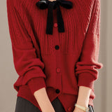 Casual Versatile Color-Block Bow-Knot Tie Cable-Knit Cardigan