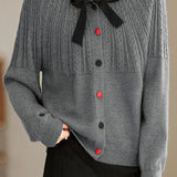 Casual Versatile Color-Block Bow-Knot Tie Cable-Knit Cardigan