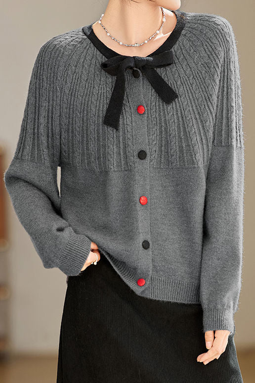 Casual Versatile Color-Block Bow-Knot Tie Cable-Knit Cardigan