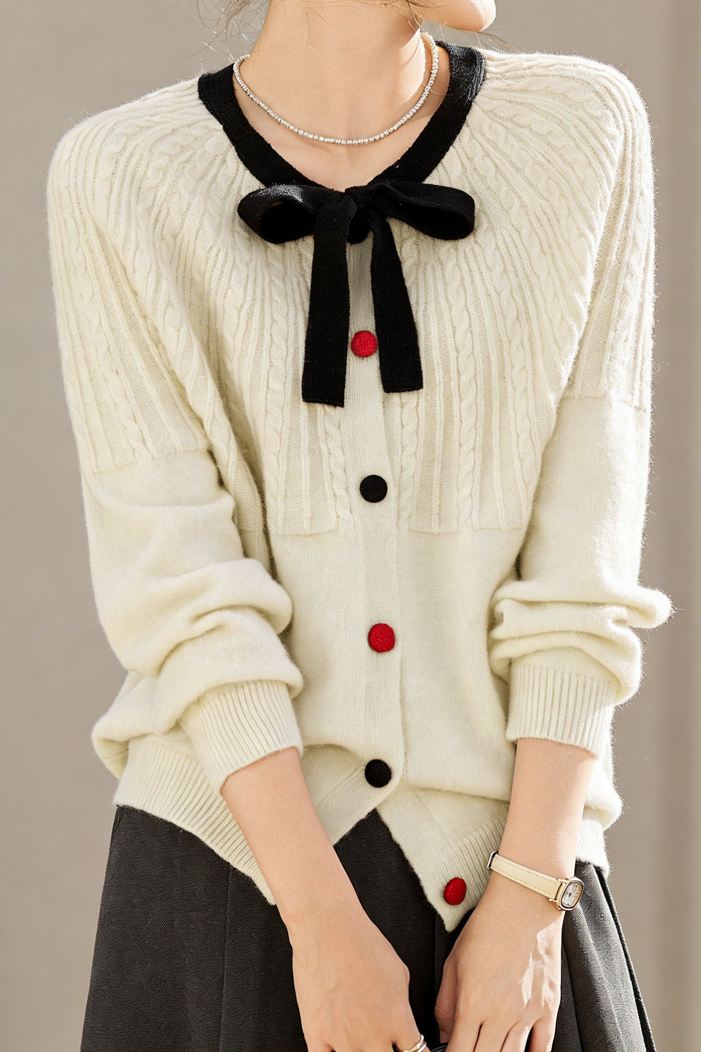 Casual Versatile Color-Block Bow-Knot Tie Cable-Knit Cardigan